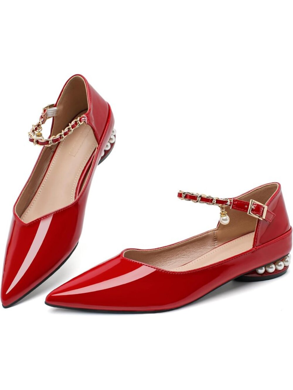 Women's Red Rhinestone Pointed Toe Non Slip Comfort Breathable Mary Jane Flats - Picture 1 of 5